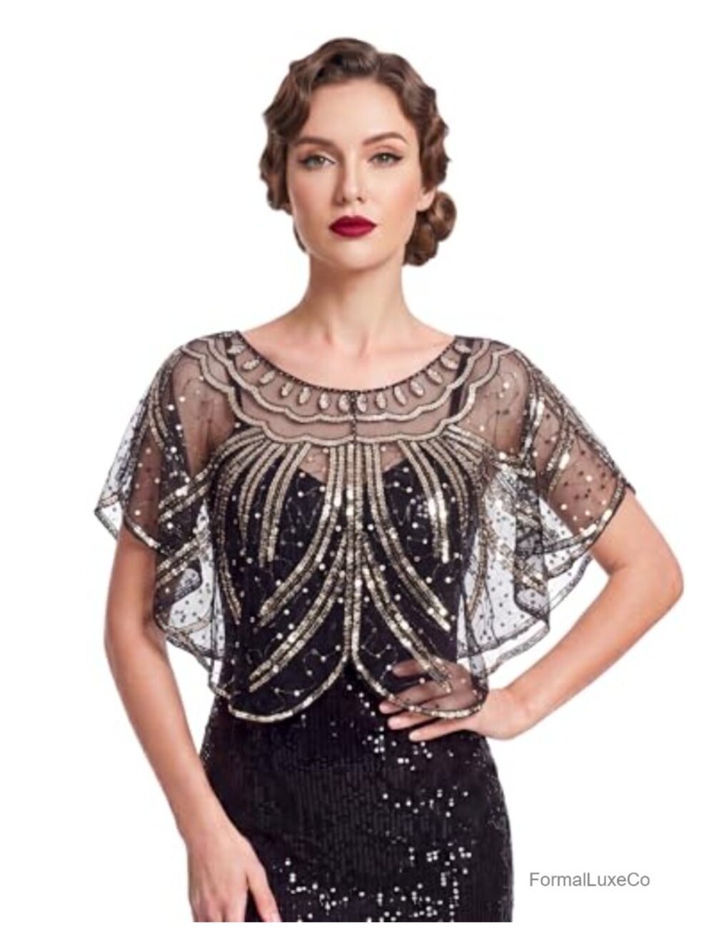 1920s Shawl Wrap Sheer Mesh Sequin Evening Cape Vintage Gatsby